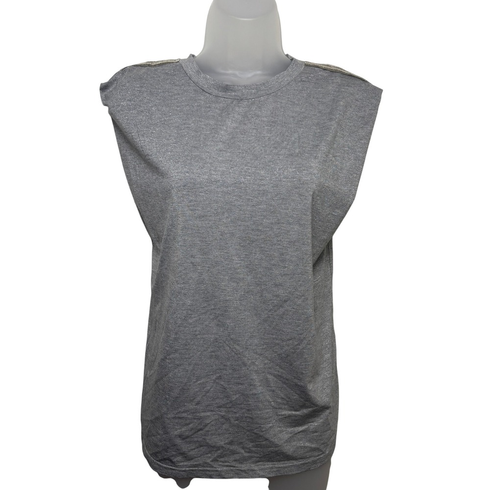 NWT James Metallic Silver Gray Beaded Zip Trim Sleeveless Muscle Tee Top Women L